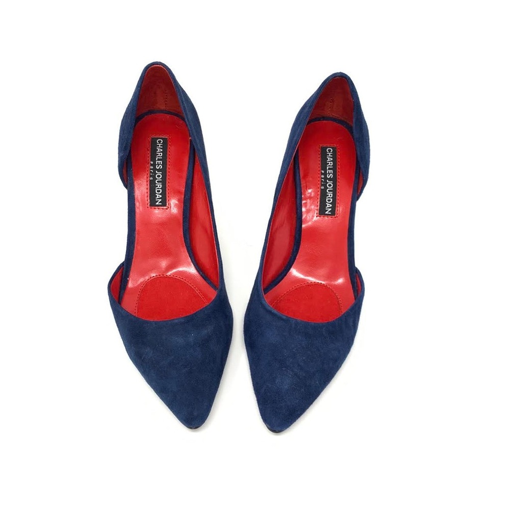 Charles Jourdan Blue Suede Heels Womens Size 6 Navy Blue Red Interior